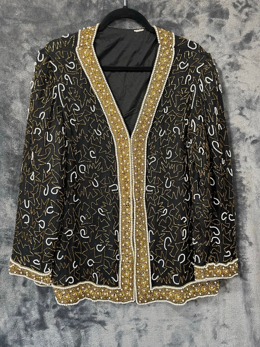 Vintage 80s Beaded Pearl Sequin Jacket Black Gold Abstract Evening Glam Cardigan